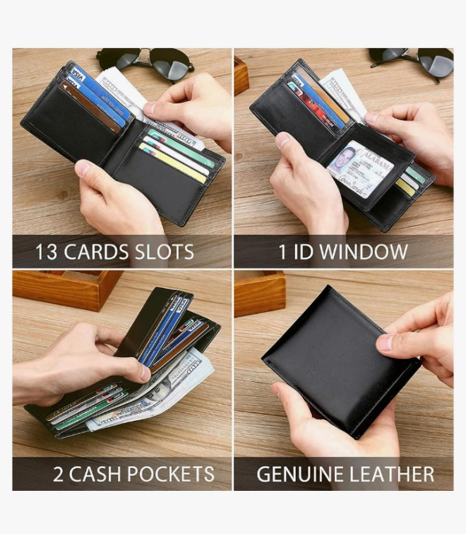 Mens Wallets Genuine Leather RFID Blocking Bifold Wallet For Men with 1 ID Window 13 Card Holders