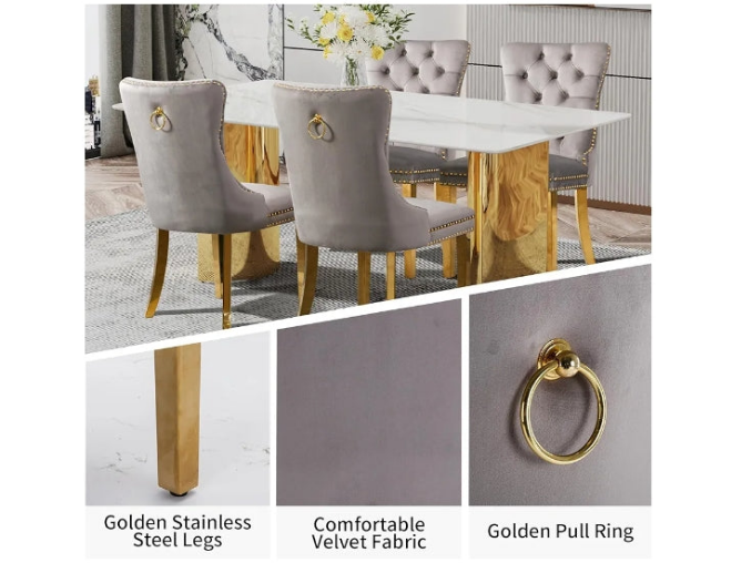 Dining Table Set for 6, White Imitation Marble Glass Desktop with Golden-Plated Base, 71'' Kitchen Table and Upholstered Dining Chairs (1 Table with 6 Blue Velvet Dining Chairs)