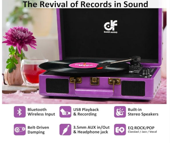 Bluetooth Suitcase Record Player with Built-in Speakers, 3 Speed Portable Turntable with USB Vinyl Audio Recorder RCA AUX-in & Headphone Jack