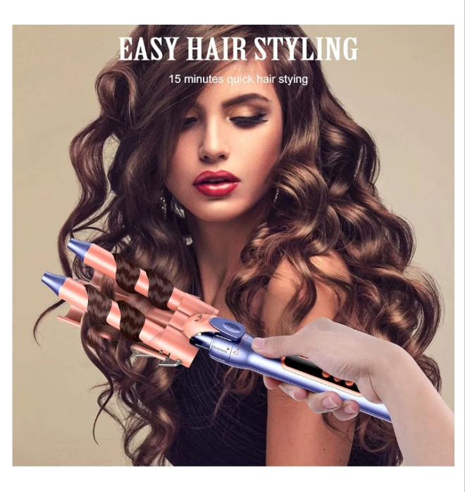 Curling Iron, 3 Barrel Hair Curler Beach Waver All in One Curling Wand with Interchangeable Ceramic Barrels and Heat Protective Glove, LCD Display, Instant Heating, Temperature Adjustment