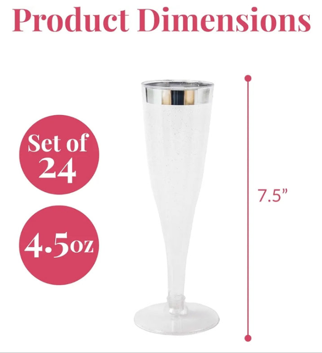 24 Plastic Champagne Flutes Disposable - Silver Glitter Plastic Champagne Glasses, Elegant Plastic Toasting Cups for Weddings, Cocktail Parties, New Year's Celebrations