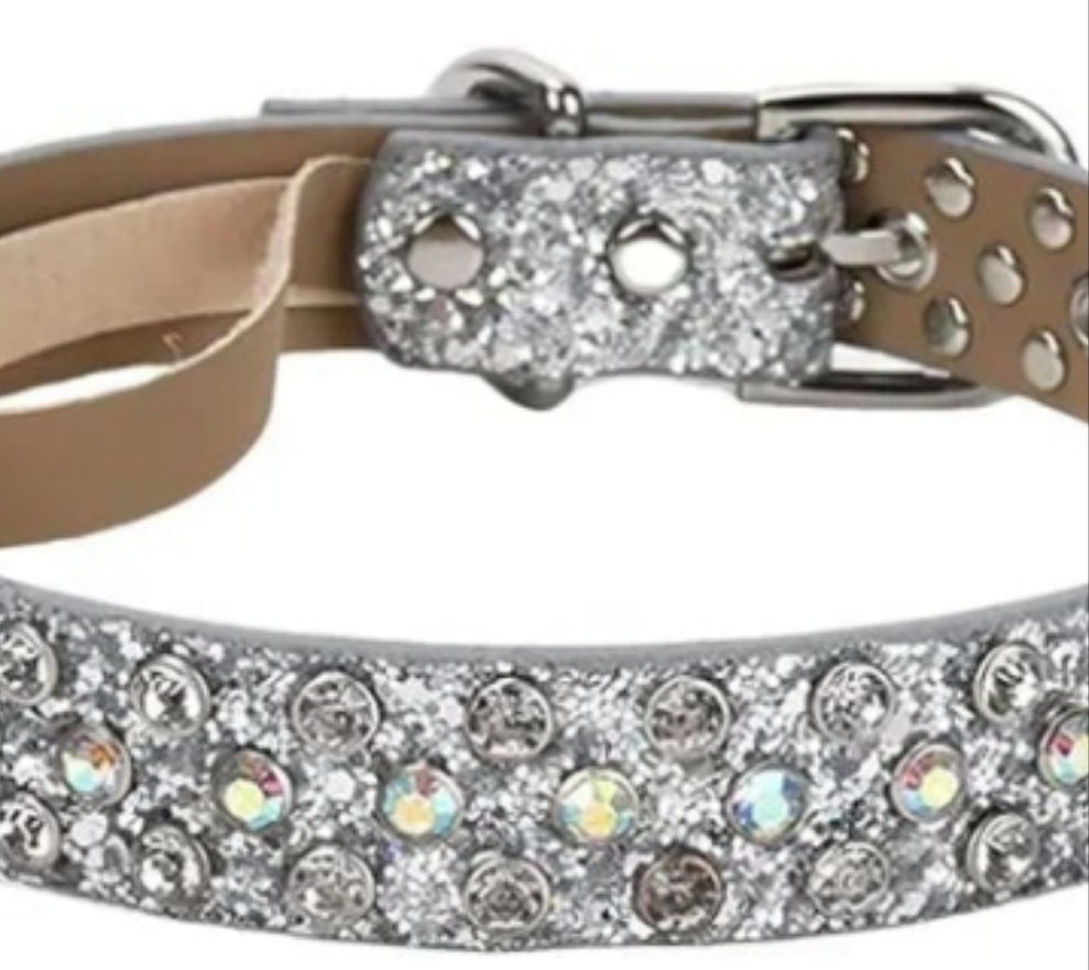 Rhinestone Dog Collar, Silver Bling Diamond Pet Collars with Leash for Small Medium Large Dog, Glitter Dog Collar with Rhinestone Sparkly Crystal Collar for Male Female Dog