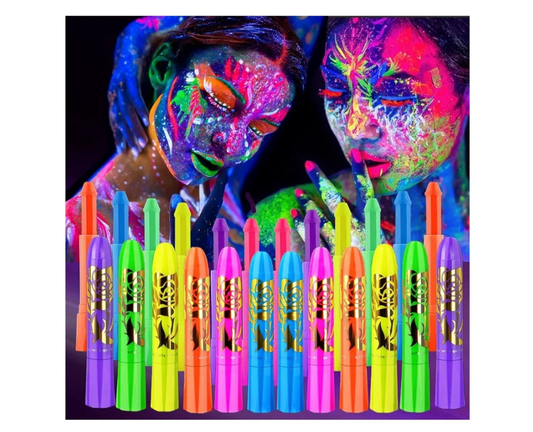 12 PCS Glow Face Body Paint, Glow In The Dark Under UV Black Light Sticks Makeup Neon Face Painting Kits for Adult Halloween Festival Accessory Glow Party Supplies