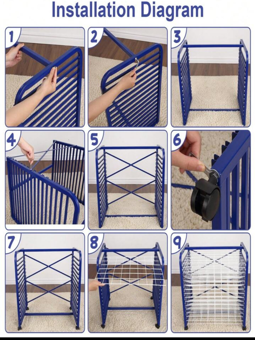 Art Drying Rack With 4 Lockable Wheels - Metal Art Storage Rack Art Organizer For Art Studio, Artwork, Craft Room And Desktop, Blue