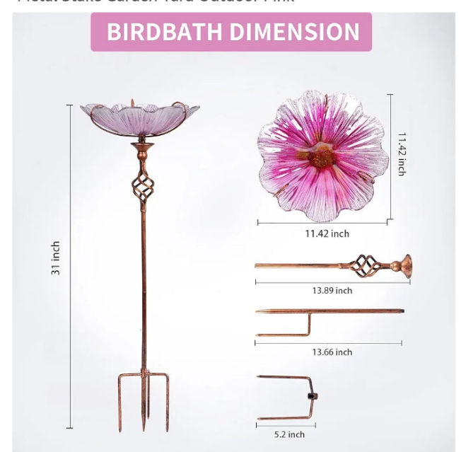 31 Inch Height Glass Birdbath Birdfeeder with Metal Stake Garden Yard Outdoor
