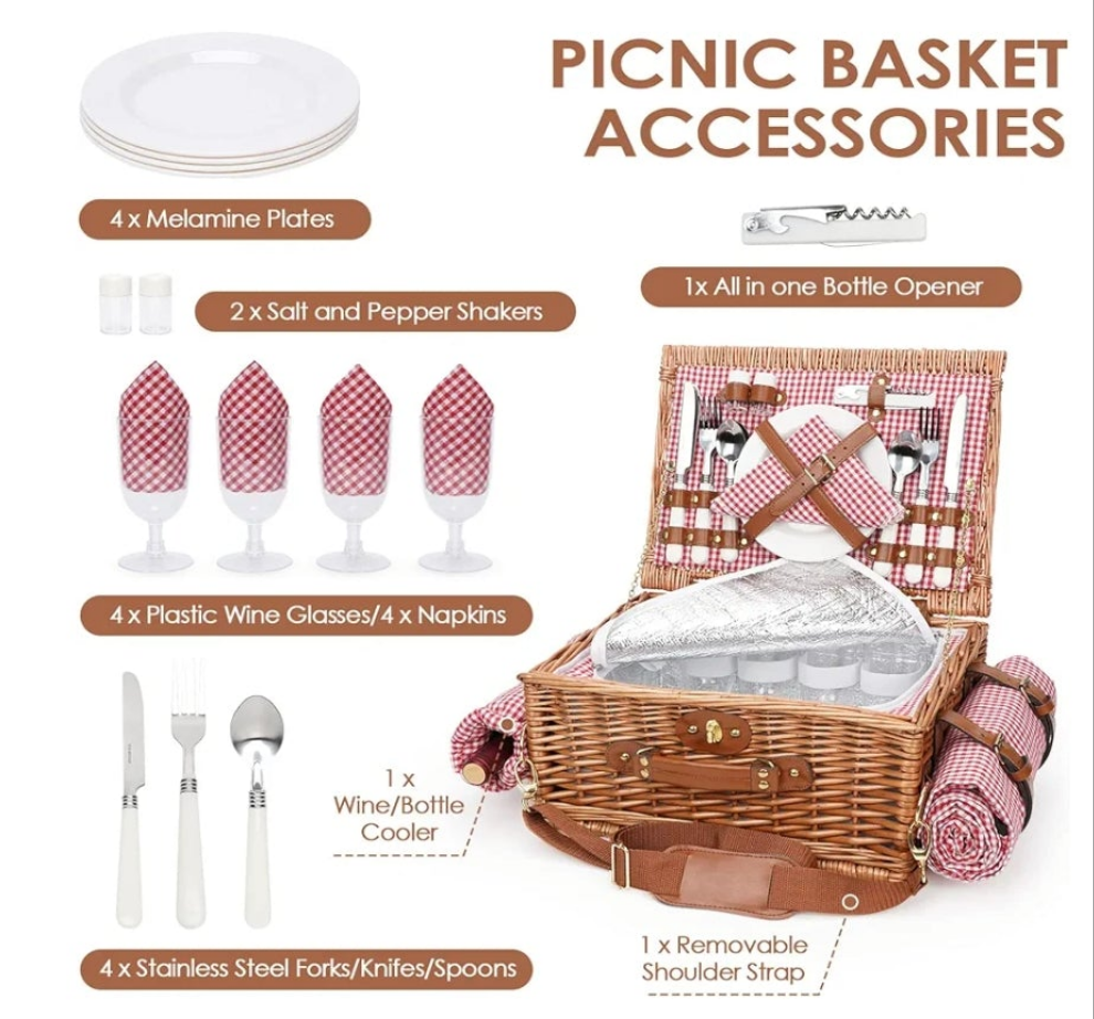 Picnic Basket for 2, Bridal Shower Gift Wedding Gifts with Mr Mrs Wine Glasses and Greeting Card, Engagement Newly Weeding Gifts for Couples 2025, Wicker Picnic Set Kit with Blanket Cooler for Beach
