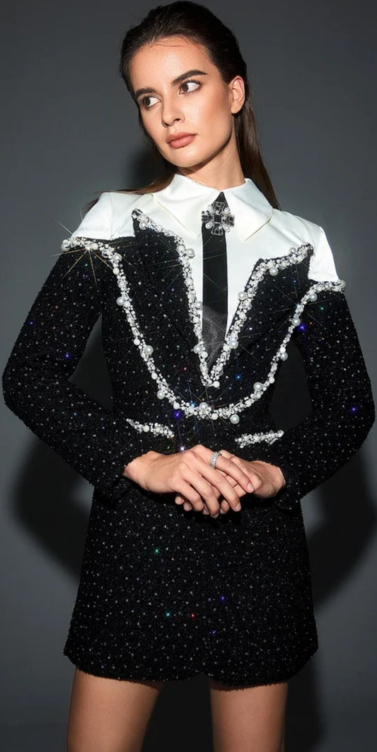 COCOMONEY Shirt Collar Sequin Pearl Decor Mini Dress-Black