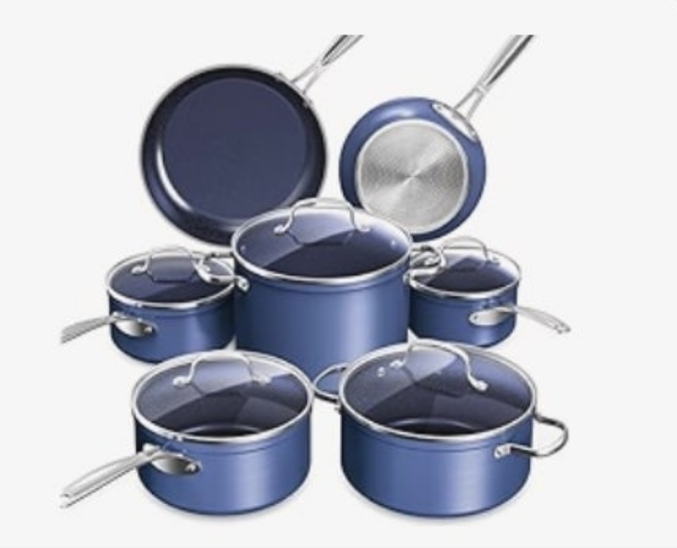 Ceramic Nonstick Cookware Set, Diamond Infused Scratch-Resistant, PFAS Free, Dishwasher & Oven Safe, Induction Ready & Evenly Heats, Tempered Glass Lids & Stay-Cool Handles