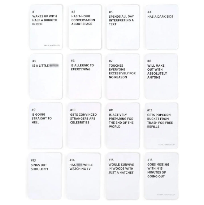 DRUNK STONED OR STUPID game includes 250 cards to decide who in the group is most likely to... "#1 Wake up with half a burrito in bed", "#27 Have 20-minute conversation with Siri" and "#147 Shame people for going to bed".