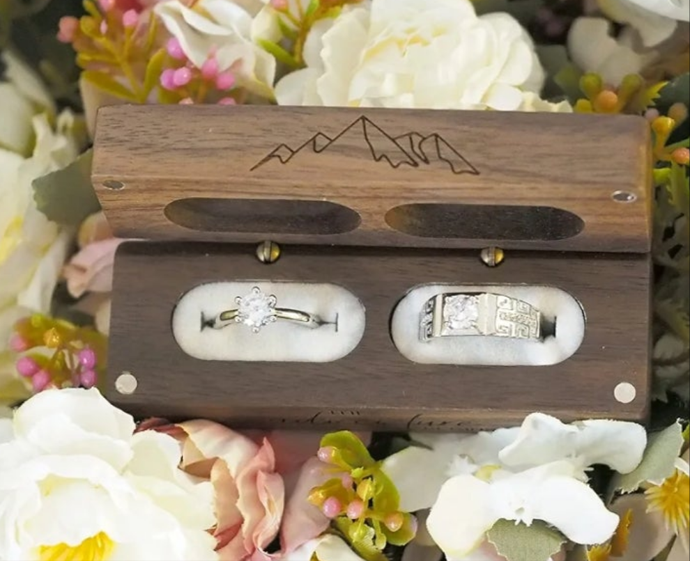 2 Ring box for wedding -Rustic Vintage Solid Wood rectangle Jewelry Storage Box