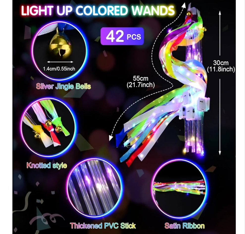 Light Up Wands,Wedding Wands with 3 Colorful Flashing Modes,LED Silk Fairy Wands with Bells,Glow Ribbon Streamers for Wedding,party 4th of July birthday party