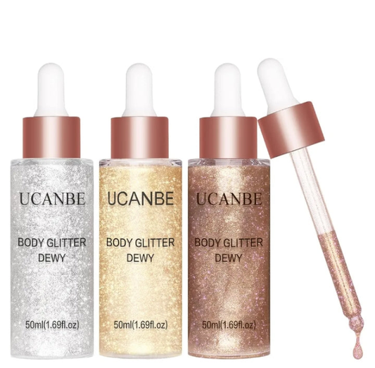 Glow Shimmer Drop Set for Women Highlighter Makeup Body Glitter Dewy Liquid Face Holographic Luminizer Sparkles for Face (3 Pcs)