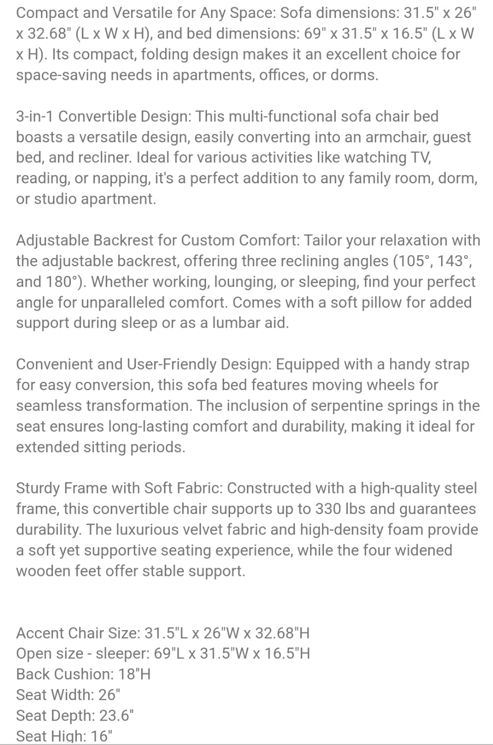 Convertible Sleeper Sofa Chair Bed, 3 In 1 Multi-Function Folding Ottoman Bed Couch Bed, Single Pull-Out Bed With Adjustable Backrest And Pillow For Living Room Apartment Office