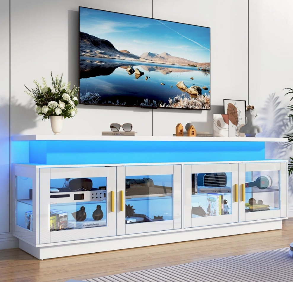 High Gloss TV Stand with Power Outlet and LED Light for TVs up to 80"