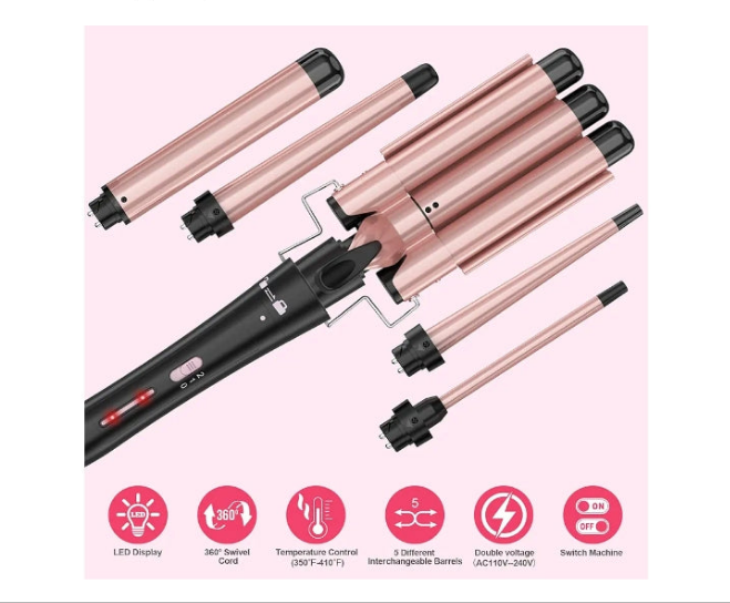 Curling Wand Set, Curling Iron Interchangeable 3 Barrel Curler with Ceramic Tourmaline Professional 5 in 1 Wand Curling Iron,for Women with Curler and Waver