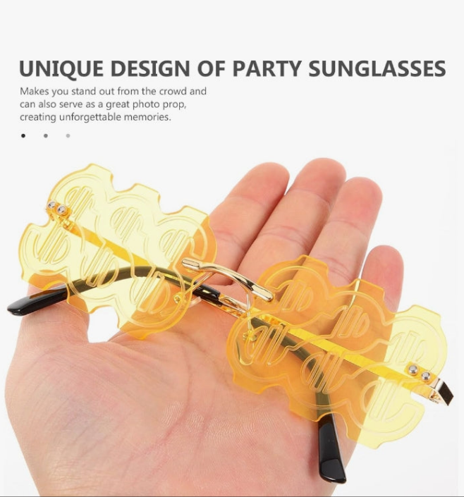Money Sign Two-color Frameless Party Sunglasses, Fun Novelty Sunglasses, Funny Party Props, Suitable for Cosplay Party Photo Props (gold Frame Yellow Film)