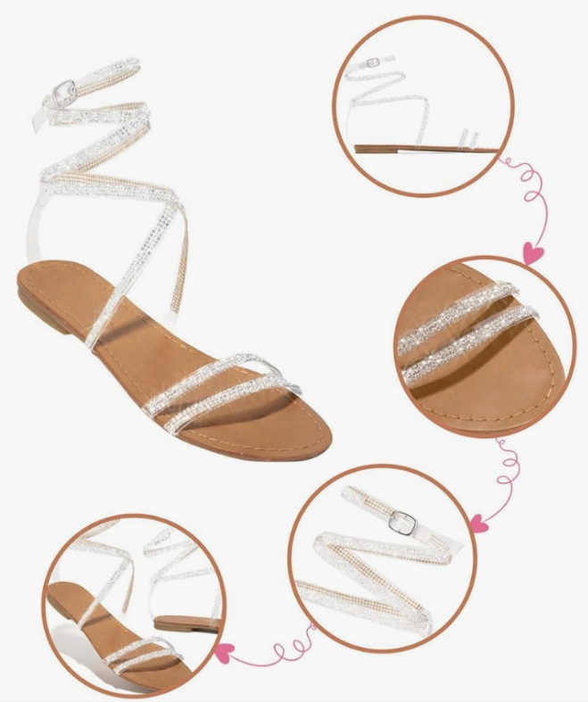 , Women's Rhinestone Strappy Sandals Fashion Flat Sandals Summer Dressy Peep Toe Sandals Cute Comfortable Dress Sandals