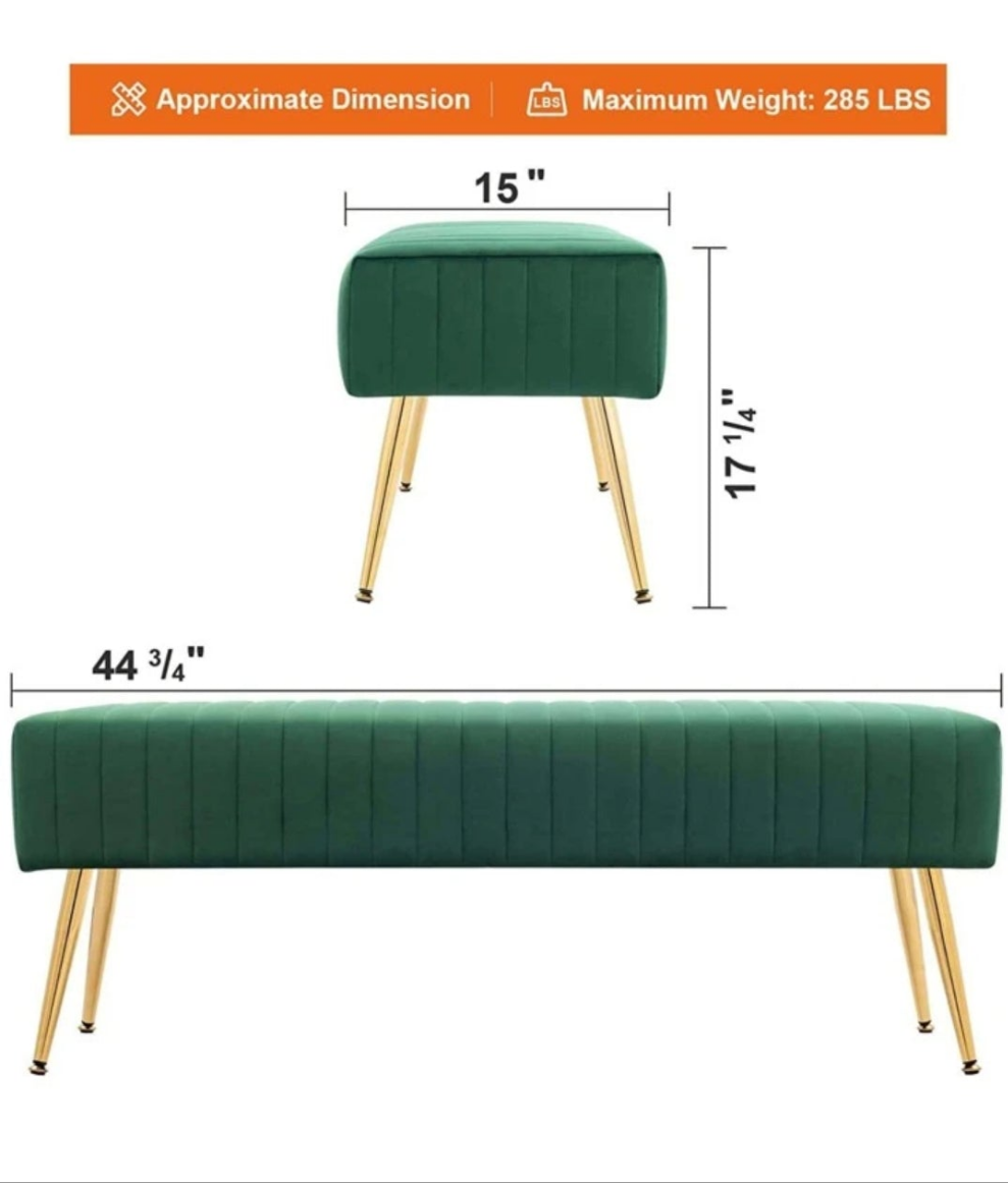 44.75" Tufted Bed Bench Modern Velvet Upholstered Ottoman Bench With Gold Legs Luxurious Makeup Vanity Bench With Padded Seat For Entryway Cloakroom End Of Bed Bench As Room Decor iron