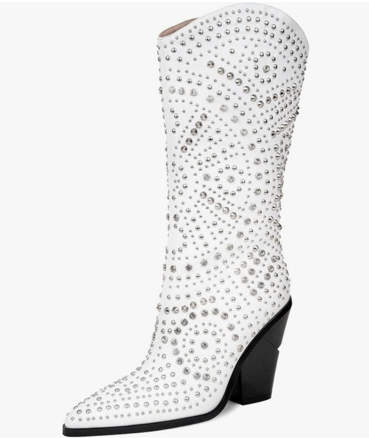 Womens Boots Pointed Toe and Chunky Heel Boots for Women Luxurious Studded Boots Tall Boots with Metallic Rivets