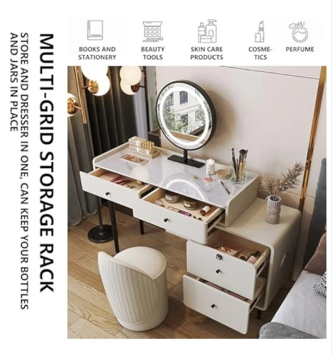 Modern Vanity Table with Smart LED Mirror Spacious Storage Soft Makeup Stool Large Drawers All Wood Frame Dressing Table for Bedroom and Small Spaces (Gray 31.5IN) ( D_47.2IN)