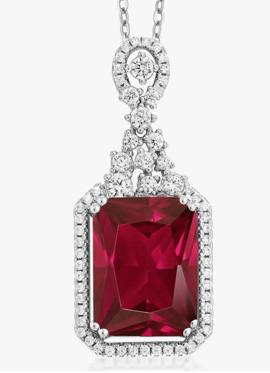 Gem Stone King 925 Sterling Silver Red Created Ruby Pendant Necklace For Women (5.60 Cttw, Emerald Cut 14X10MM, with 18 Inch Silver Chain)