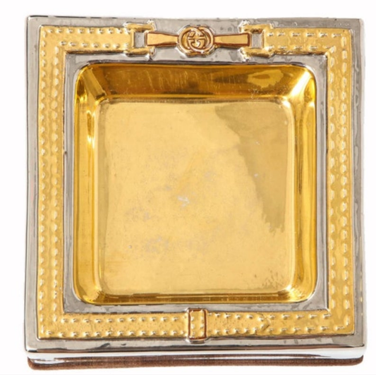 Gucci Horsebit Double Ashtray, Brass, Gold Leaf, Nickel, Leather, Signed