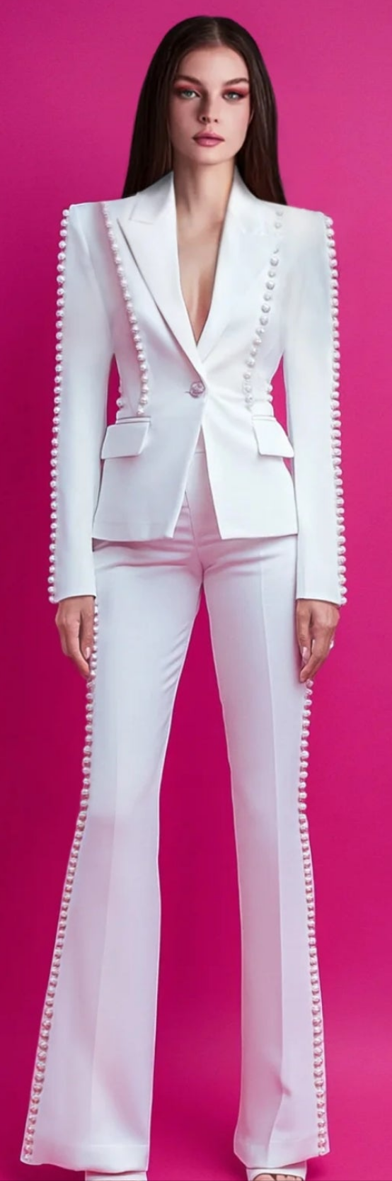 COCOMONEY Pearl Embellished Blazer Flare Leg Two Piece Pant Set-White