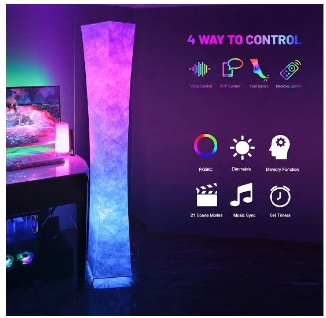 61" Floor Lamp ,16 Million DlY Colors and Scene Modes for Living/Game Room and TV, Music Sync, Tyvek Fabric Shade, Smart App Control, Compatible with App/Remote Control