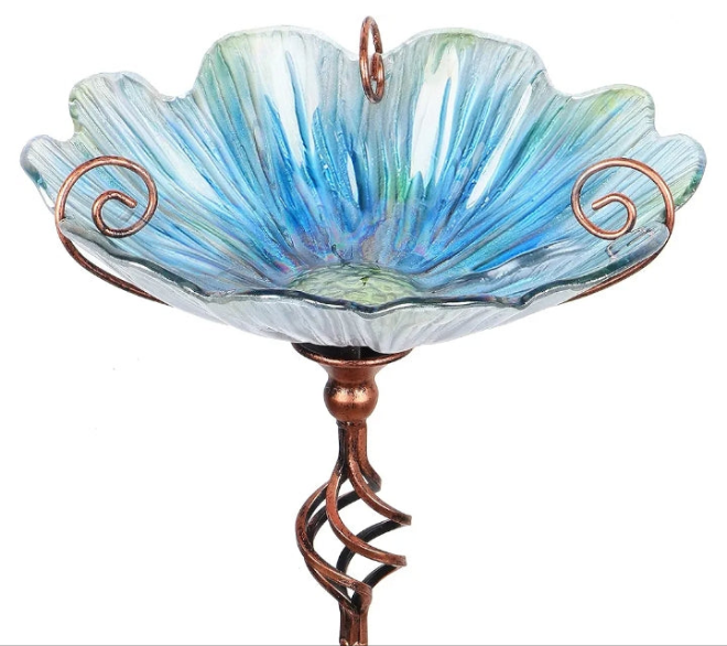 31 Inch Height Glass Birdbath Birdfeeder with Metal Stake Garden Yard Outdoor