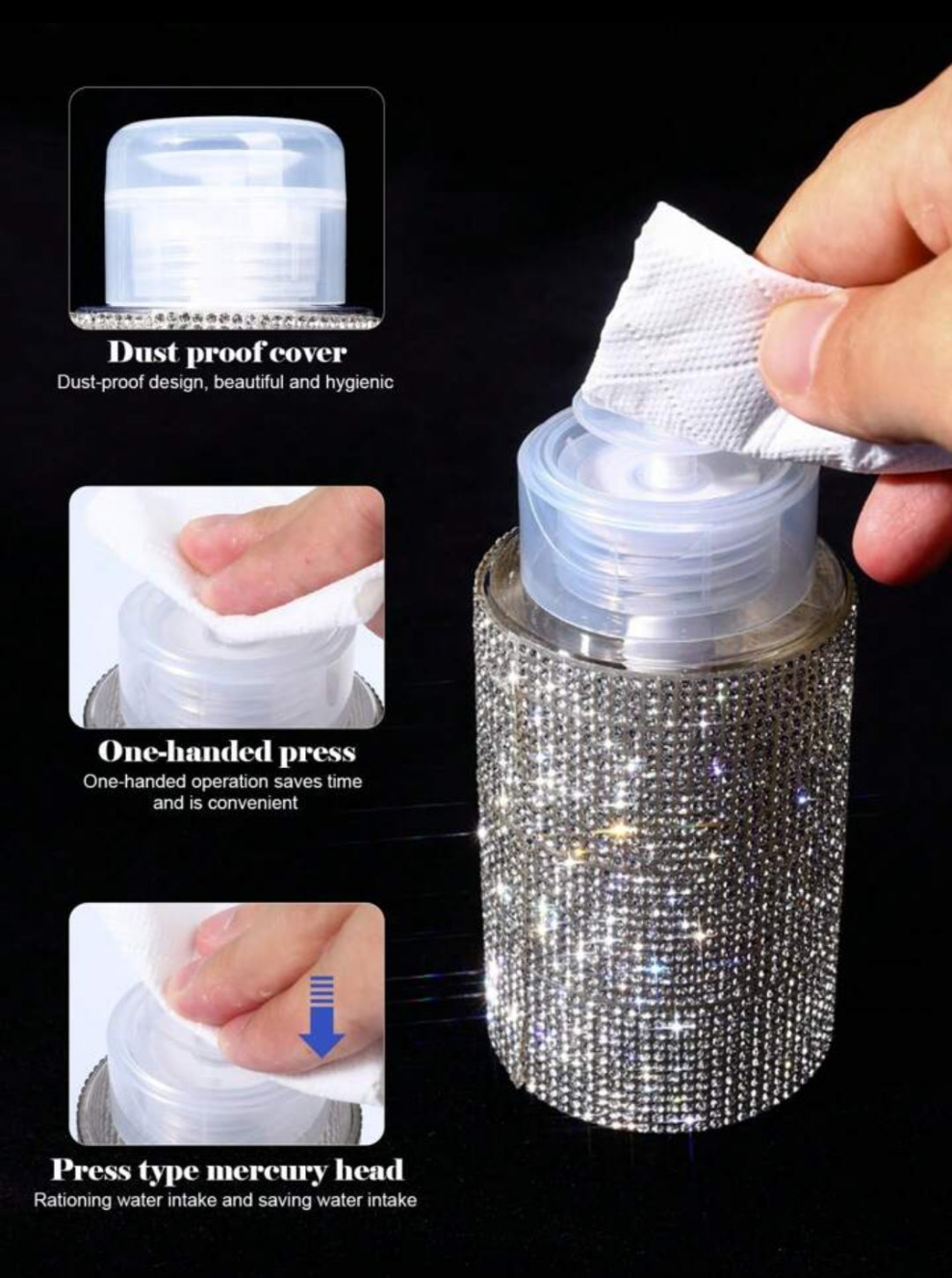 1PC 200ml Rhinestone Decorated Cosmetic Dispenser For Toner Makeup Remover, Nail Polish Remover - Plastic, Freestanding Push.Down Pump Bottle, No Electricity Required