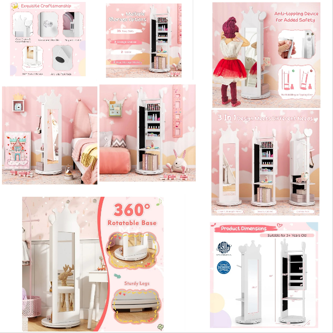 Kids Jewelry Armoire, 360° Swivel Jewelry Cabinet with Full Length Mirror & Garment Rack, Kids Vanity Dress Up Mirror with Jewelry Storage, 44” Standing Jewelry Organizer