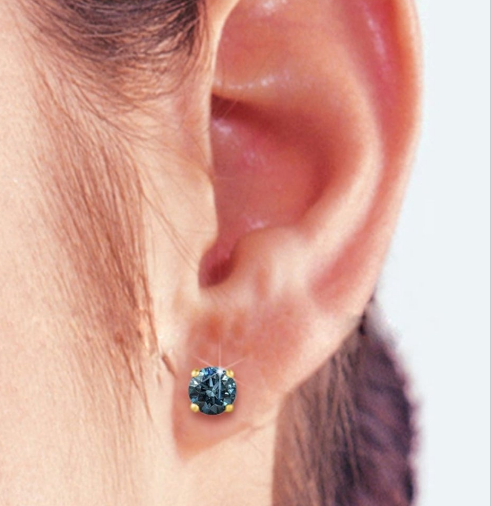 Blue - I1 Round Brilliant Cut Diamond Earring Studs in 14K Gold COCOMONEY