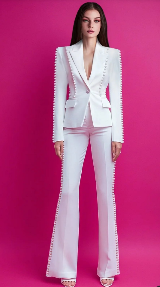 COCOMONEY Pearl Embellished Blazer Flare Leg Two Piece Pant Set-White