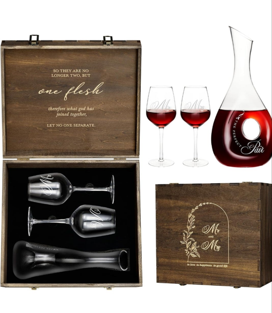 Mr and Mrs Wine Glasses and Decanter Set, Wedding Bridal Shower Engagement Gift for Couples, Wedding Glasses for Anniversary Bride Bachelorette with Wood Keepsake Box