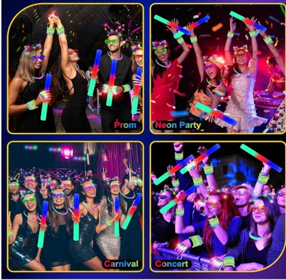 282 PCS Glow in the Dark Party Supplies, 18 Foam Sticks, 18 LED Glasses, 200 Glow Sticks, 30 Finger Lights, 8 Bunny Ear Headband and 8 LED Cat Ear Headband for Wedding,Birthday,Concert,New Year