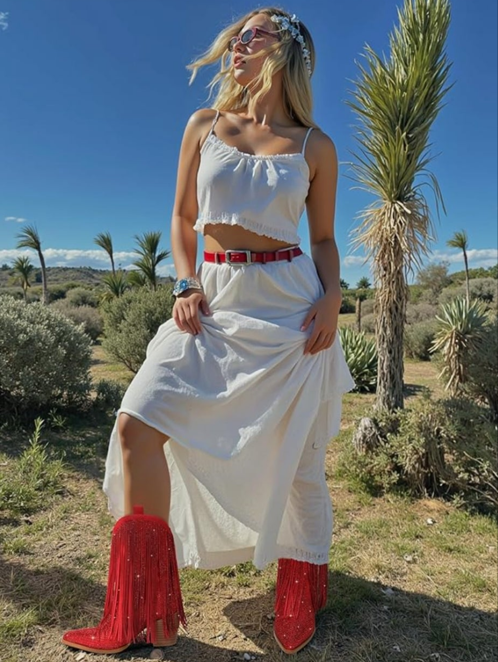 Cowgirl Boots Rhinestone with Sparkly Fringe Pointed Toe Western Boot Chunky Heel Pull-On Wide Calf