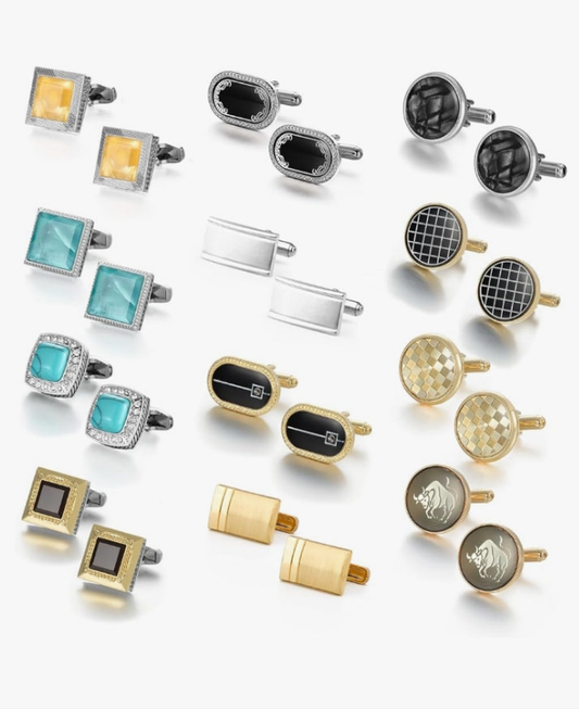 12 Pairs, Classic Fashion Men's Cuff Links Silver-Tone Gold-Tone Black for Business Wedding Party Gift Box