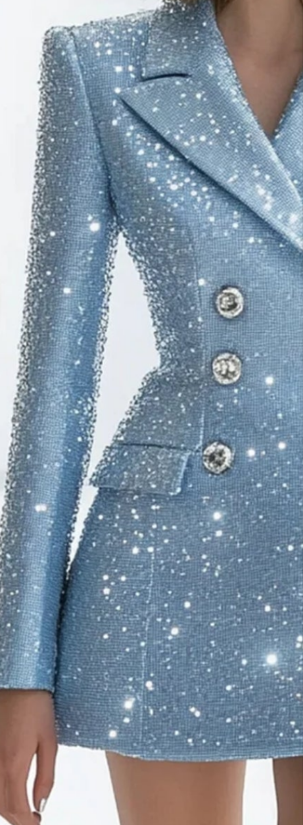 COCOMONEY Lapel Double-Breasted Sequin Mini Dress-Light Blue