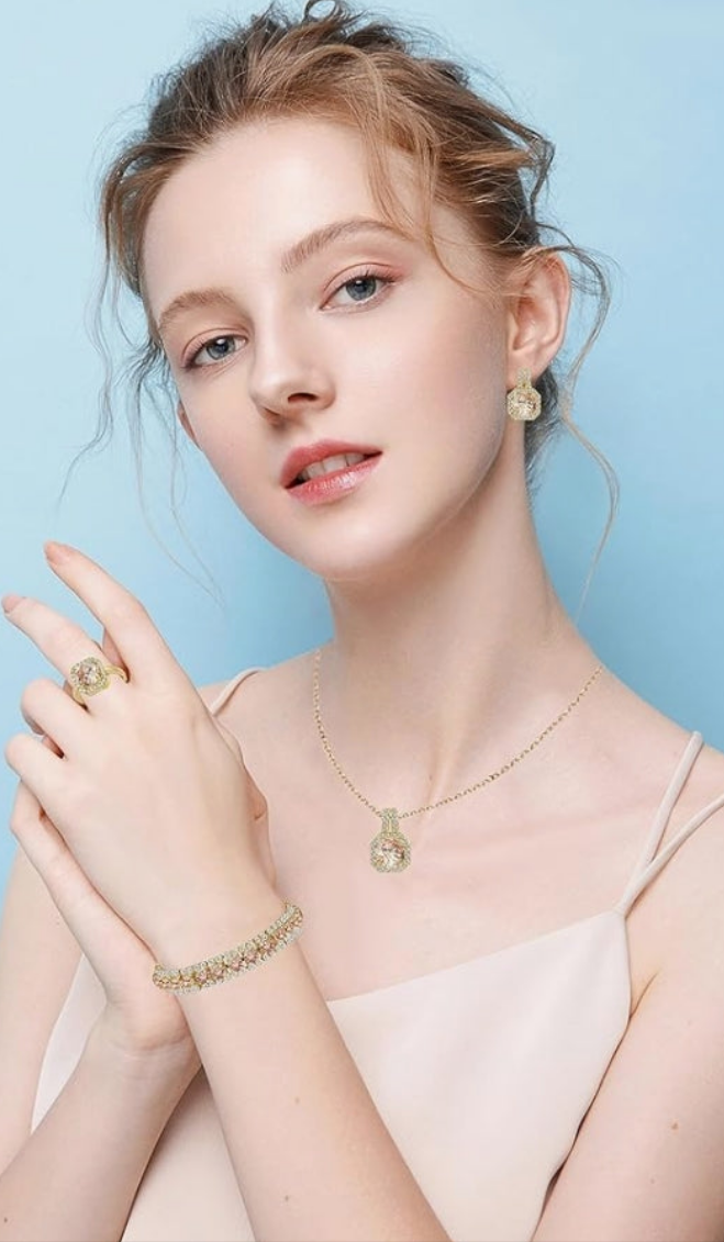 4pcs Gold plated Cubic Zirconia Wedding Jewelry Sets for Bride Bridesmaid Cubic Zirconia Pendant Necklace Earrings Link Tennis Bracelet Open Ring Set for Women Birthday/Valentine's Day/Mother's Day/Christmas