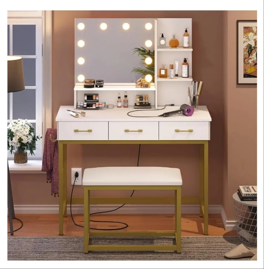 Vanity Desk with Mirror and Lights, Makeup Vanity with Wider Cushioned Stool, Vanity Set with USB Power Outlet, 3 Drawer,White (White One Size)