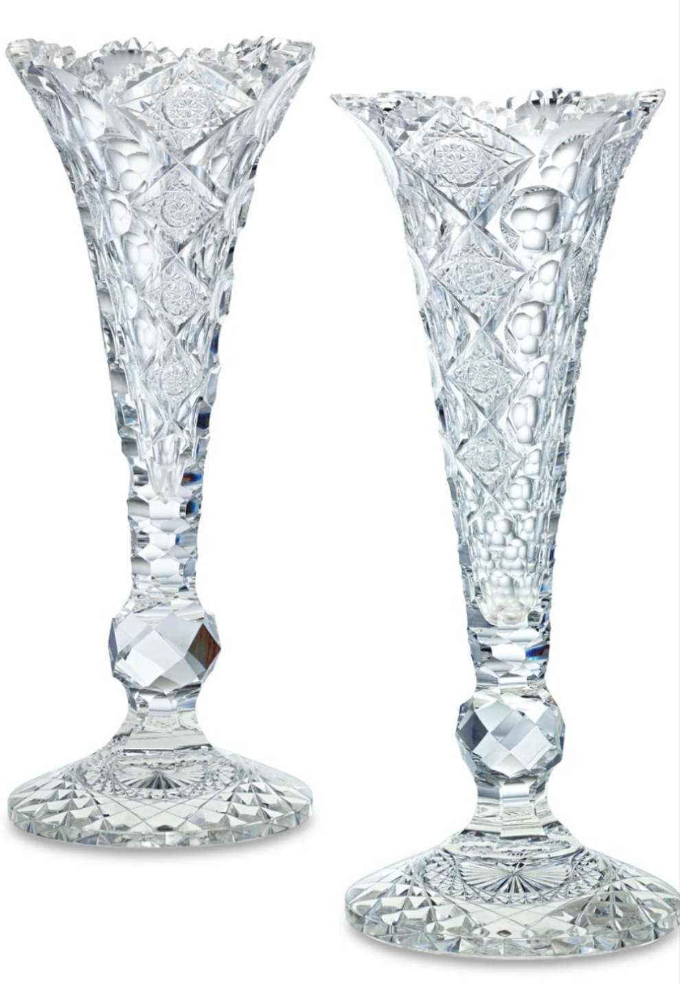 Beautiful Pair of Queens Pattern Trumpet Vases by Hawkes