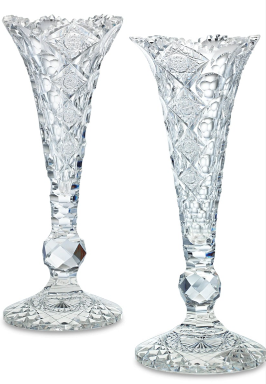 Beautiful Pair of Queens Pattern Trumpet Vases by Hawkes