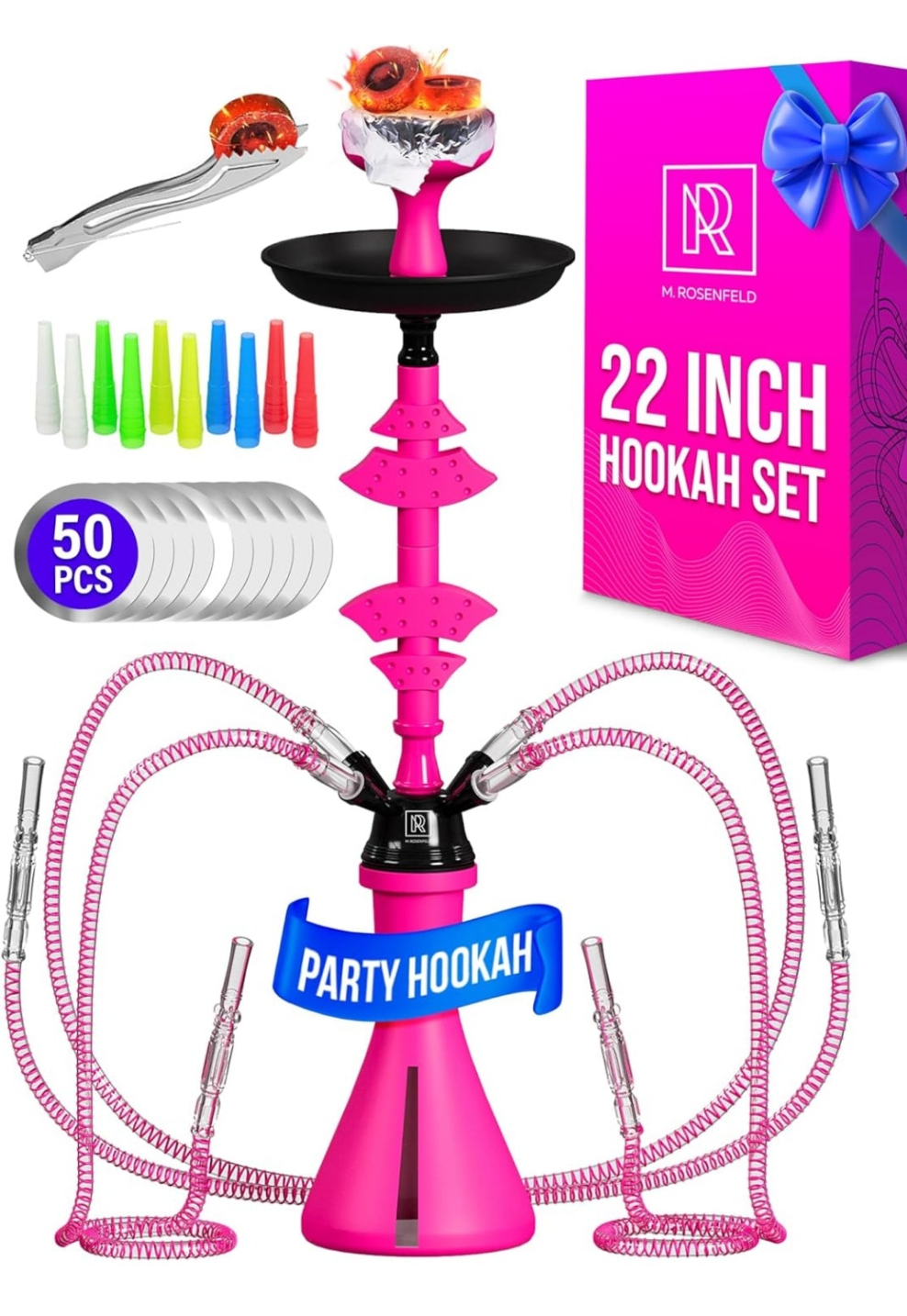 4 Hose Hookah set with everything - Pink Hookah 4 Hose Set – Pink Mini Hookah Party Set - Hookah Set 4 Hose with 50x Foil Big Silicone Bowl 10x Tips 4x Mouthpiece 4x Hookah Hose Tongs - Hookah Kit