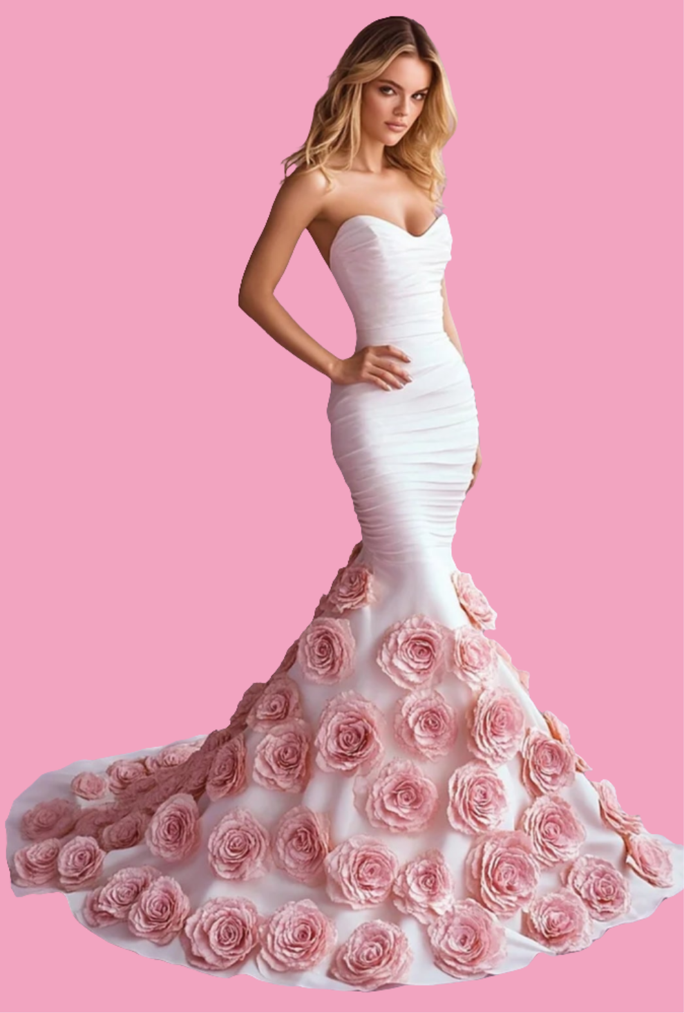 Beautiful Strapless Stereo Floral Long Tail Maxi Dress-White [Custom-Made]