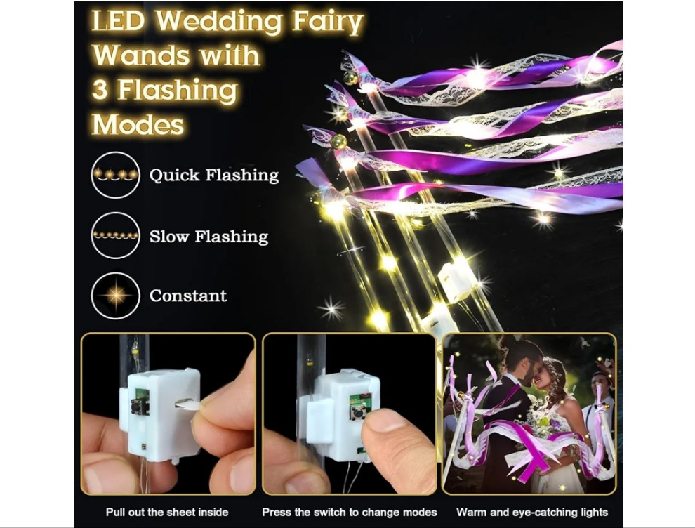 Light Up Wands,Wedding Wands with 3 Colorful Flashing Modes,LED Silk Fairy Wands with Bells,Glow Ribbon Streamers for Wedding,party 4th of July birthday party