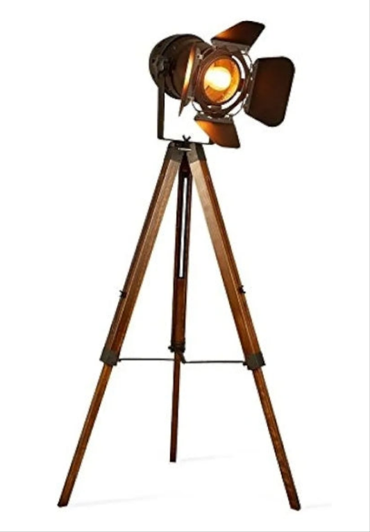 Vintage Tripod Floor Lamp, Height Adjustable Wooden Camera Tripod Rotatable Spotlight Tall Standing Light, Nostalgic Cinema Lamps for Living Room, Bedroom, Studios Decor(Black)