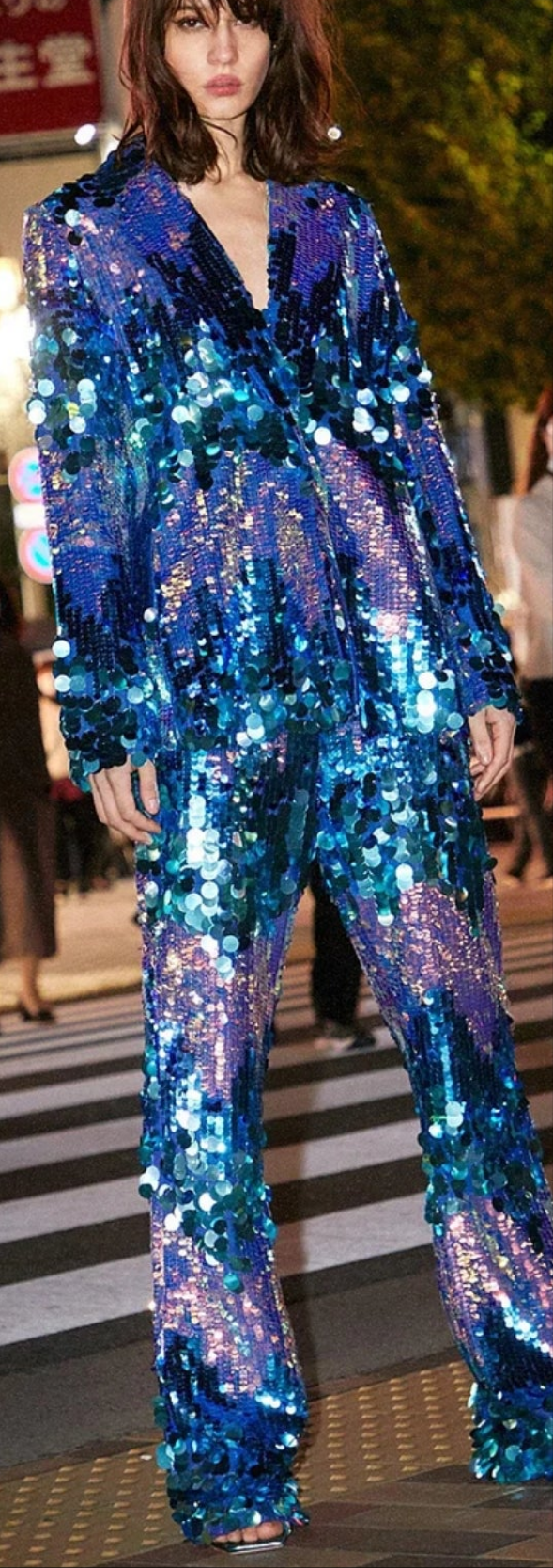 Colorblock Sequin Blazer Two Pieces Pant Set-Blue COCOMONEY