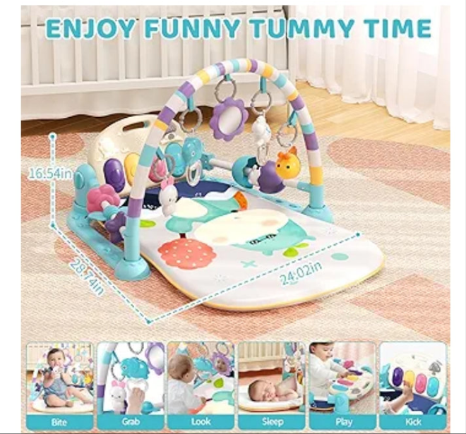 Baby Gym with Kick and Play Piano,Baby Play Mat Tummy Time Baby Activity Gym Mat with 5 Infant Learning Sensory for Baby, Music and Lights Boy or Girl for Newborn
