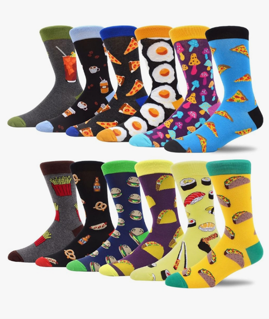 Men's Fun Dress Socks Colorful Novelty Patterned Cotton Crew Socks 12 Pack