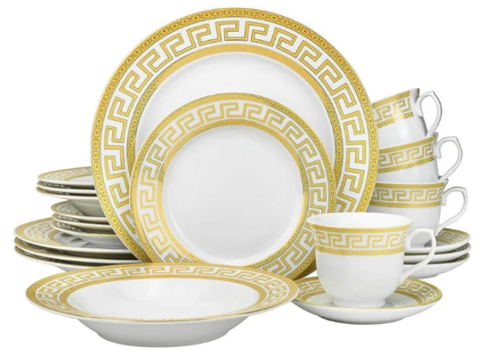 24K Euro Porcelain 20-pc Dinnerware Set w/ Gold Greek Key Pattern 24K Ornament, HQ Dining Service for 4